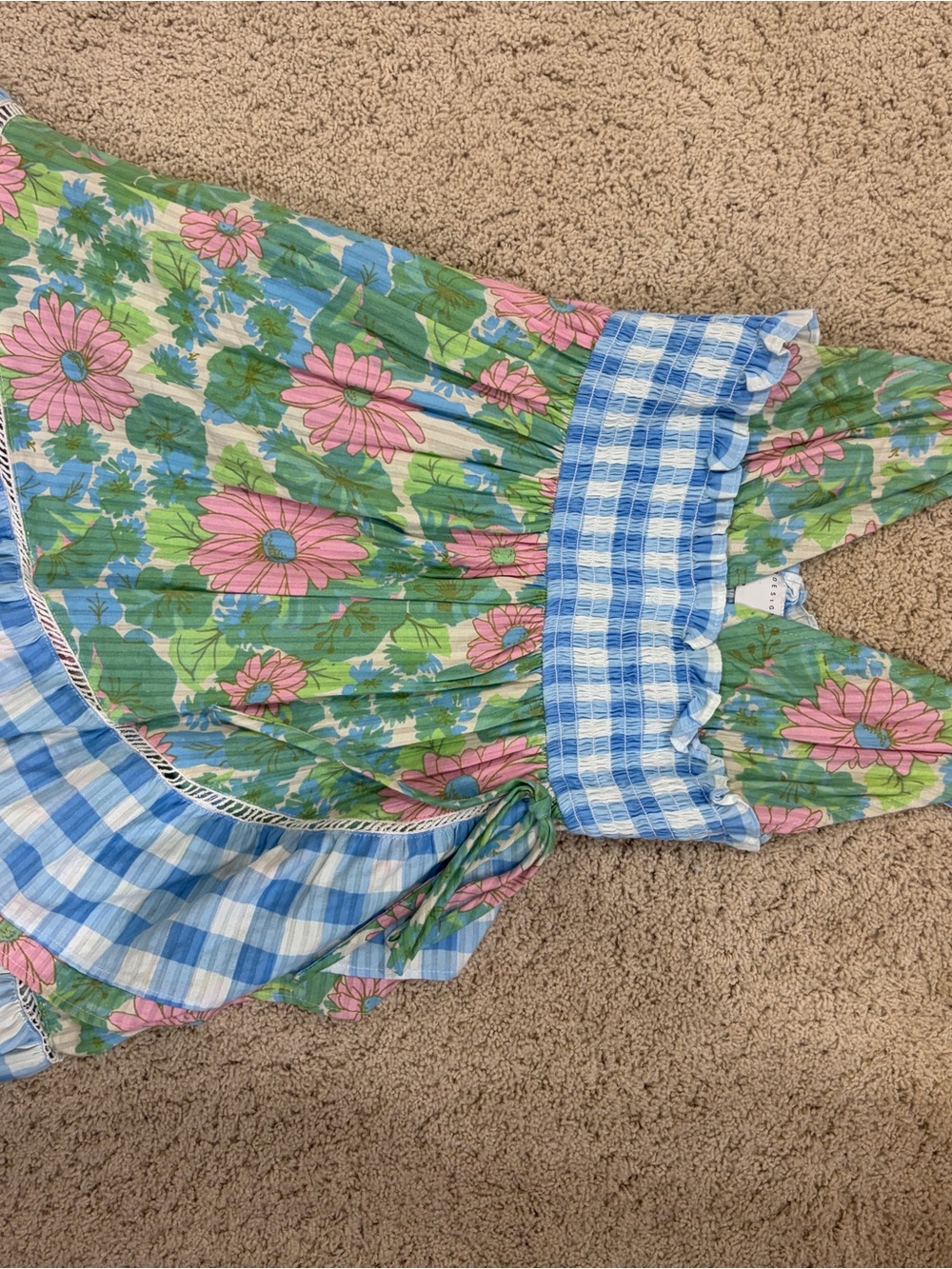 Floral Green and Pink Mini Dress with Blue Gingham Trim